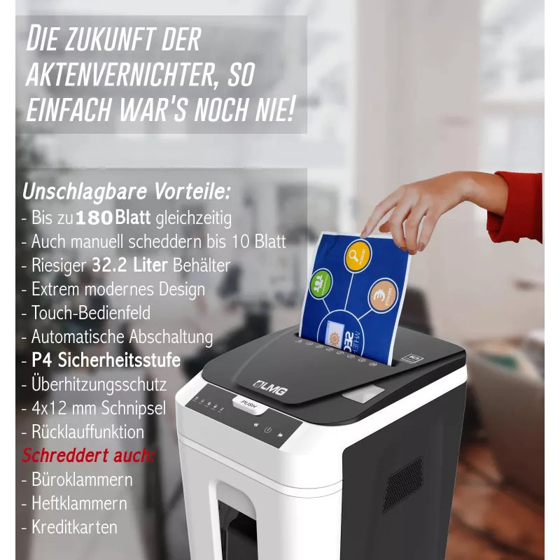 LMG AUTO180P4 Cross-Cut Paper Shredder, P-4, 10 Sheets, 18 L, Black