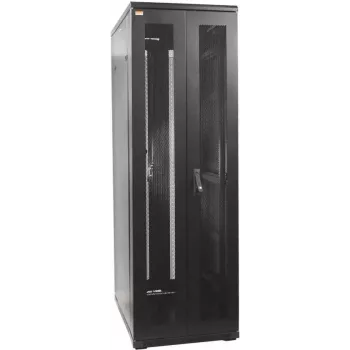IT-BUDGET 19 inch Netzwerkschrank SRK - Komplettset - 38U - 800x800 mm - perforierte Doppeltüren vorne und hinten - 4 Aktivlüfter - PDU - Einlegeböden - Flatpack - Schwarz (90ITB19SRK3888DTS)