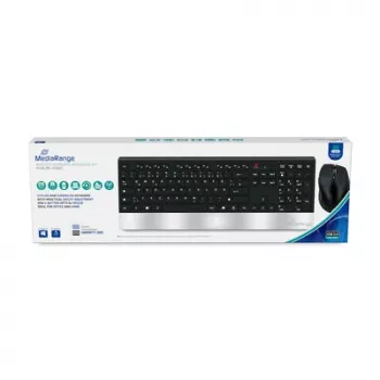 MediaRange Funk-Tastatur- und Maus-Set, deutsches (GR) Layout, Vollformat mit Ziffernblock und Fn-Tasten, 6-Tasten-Maus mit Scrollrad und Daumentasten, 1000-1600 dpi, schwarz/silber (MROS105-GR)