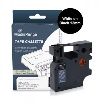 MediaRange Etikettenband-Kassette kompatibel mit Dymo 12mm x 7m weiß auf schwarz (MRDY45021)