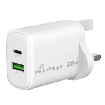 MediaRange 25W GaN Fast Charger UK Plug, 1x USB-C & 1x USB-A, PD & QC, Weiß (MRMA112-UK)