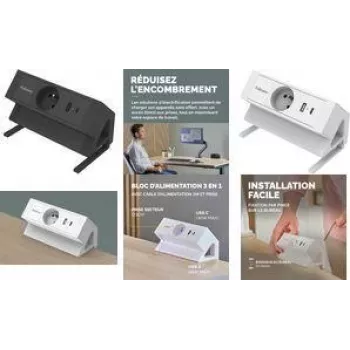 Fellowes Power Desk Tischsteckdosenleiste Typ E Weiß 3 AC-Steckdosen 2 USB-A 2m Kabel