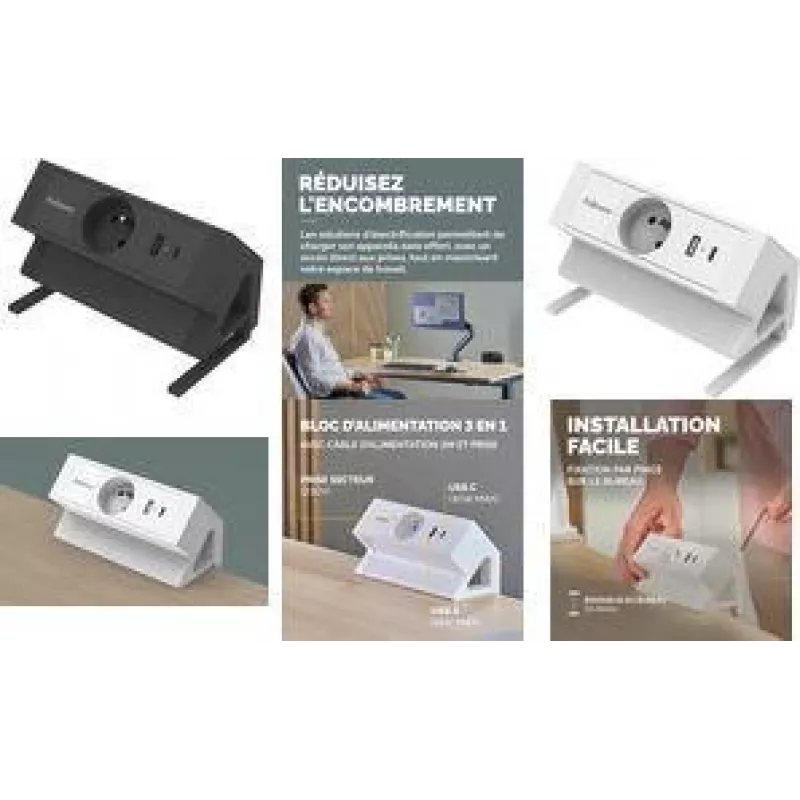 Fellowes Power Desk Tischsteckdosenleiste Typ E Weiß 3 AC-Steckdosen 2 USB-A 2m Kabel