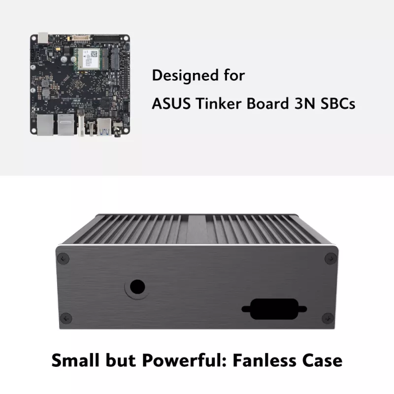 Akasa Ashton T ASUS Tinker Board 3N SBC Gehäuse mit Dual Single LAN Ports, Lüfterlos, Schwarz Aluminium