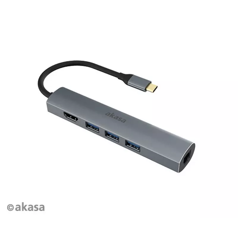 Akasa AK-CBCA22-18BK USB-C Multiport Adapter - USB 3.2 Gen 1 Type-C auf HDMI, RJ-45, USB-A - Aluminium - Schwarz - 18 cm