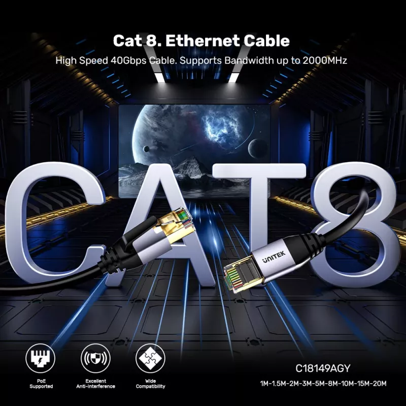UNITEK Cat.8 S/FTP Ethernet Patchkabel 10m RJ45 40Gbps 2000MHz vergoldet Schwarz