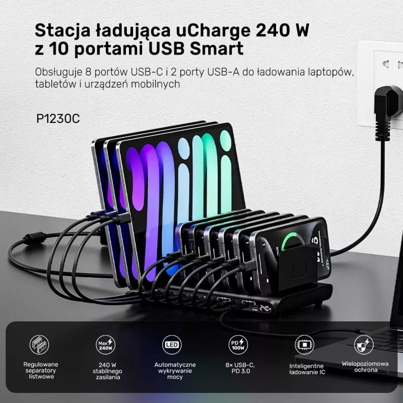 UNITEK 10-Port USB-C & USB-A 240W Charging Station