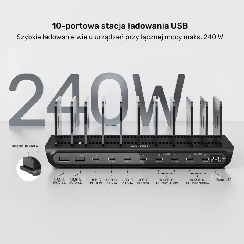 UNITEK 10-Port USB-C & USB-A 240W Charging Station