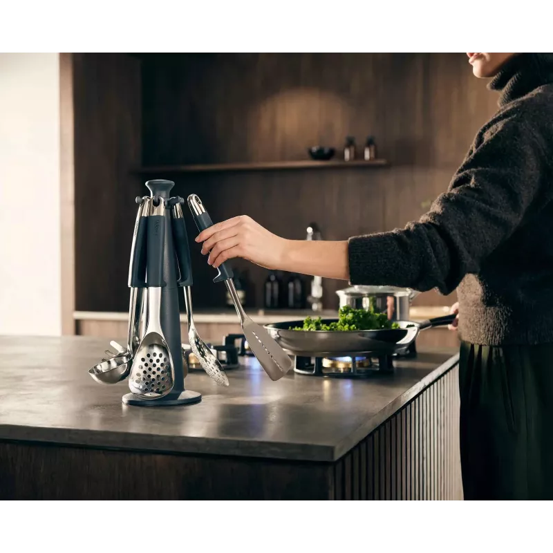 Joseph Joseph Elevate 6-teiliges Küchenutensilien-Set mit drehbarem Karussellständer, Edelstahl und Silikon, Grau