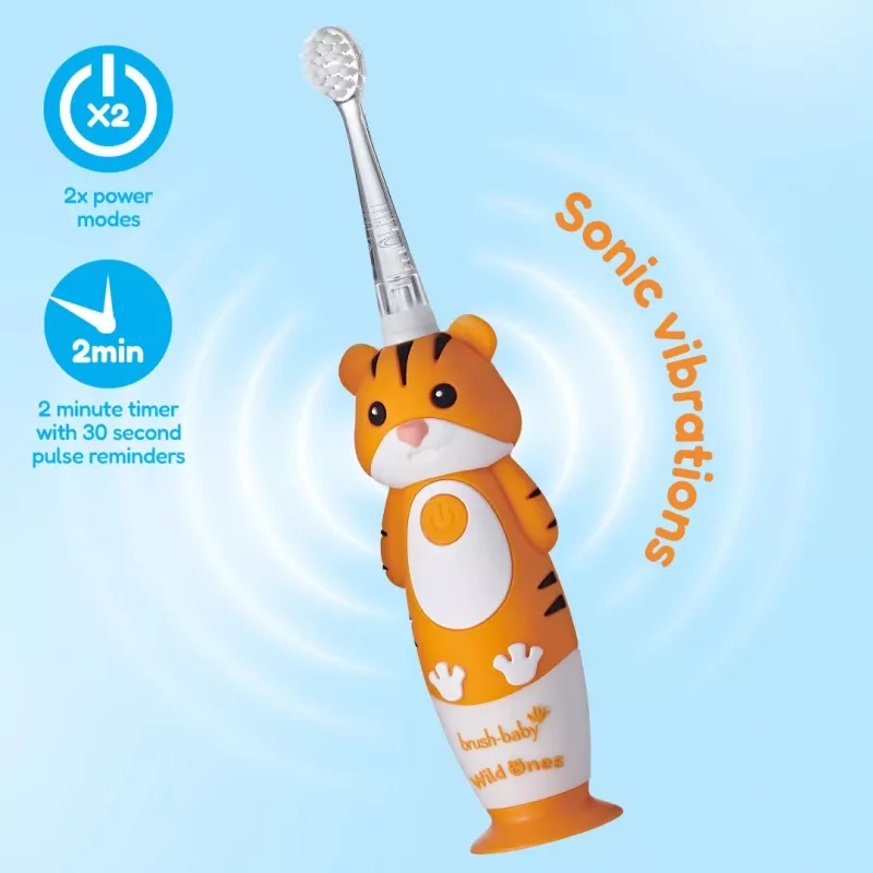 BRUSH BABY Wild Ones Schallzahnbürste für Kinder 0-10 Jahre Tiger