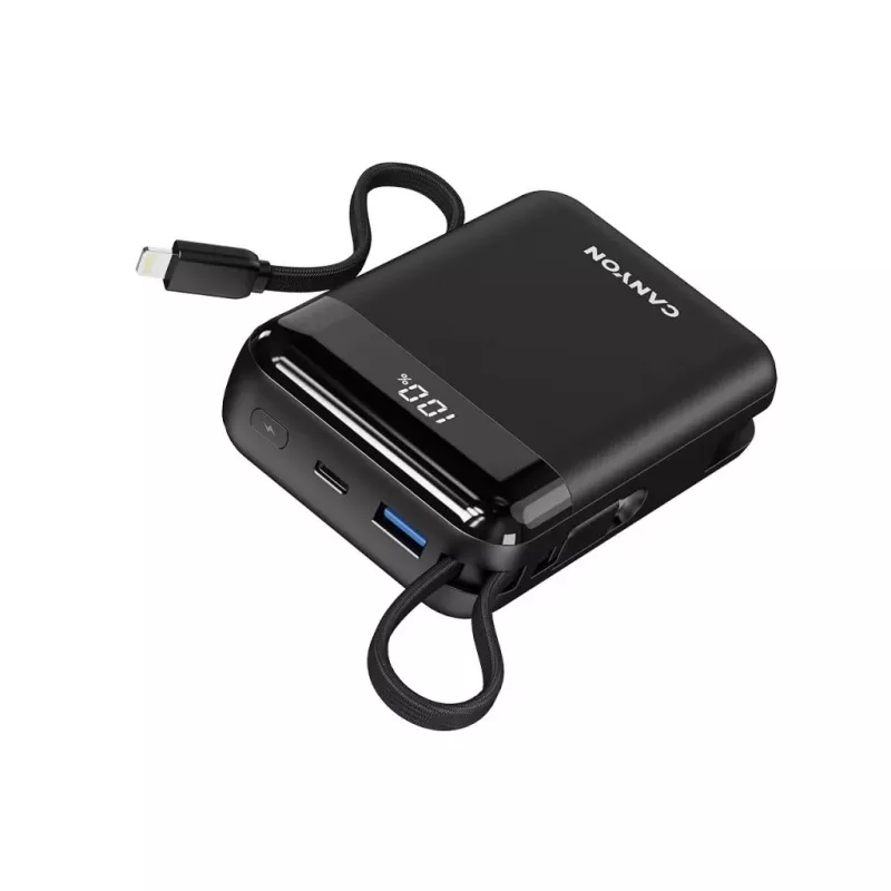Canyon OnPower 204 20000 mAh Powerbank mit USB-C- und Lightning-Kabeln, Schwarz