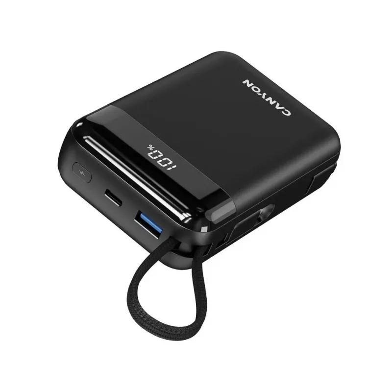 Canyon OnPower 204 20000 mAh Powerbank mit USB-C- und Lightning-Kabeln, Schwarz