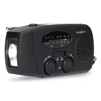 Nedis RDFMCR2000BK Solarradio mit Taschenlampe und SOS-Funktion, FM/AM, USB-C, 2000 mAh, Schwarz