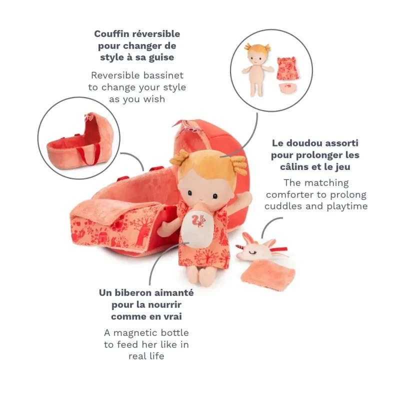 Lilliputiens Lena Baby Doll Set mit Tragekorb, Schnuffeltuch und Milchflasche