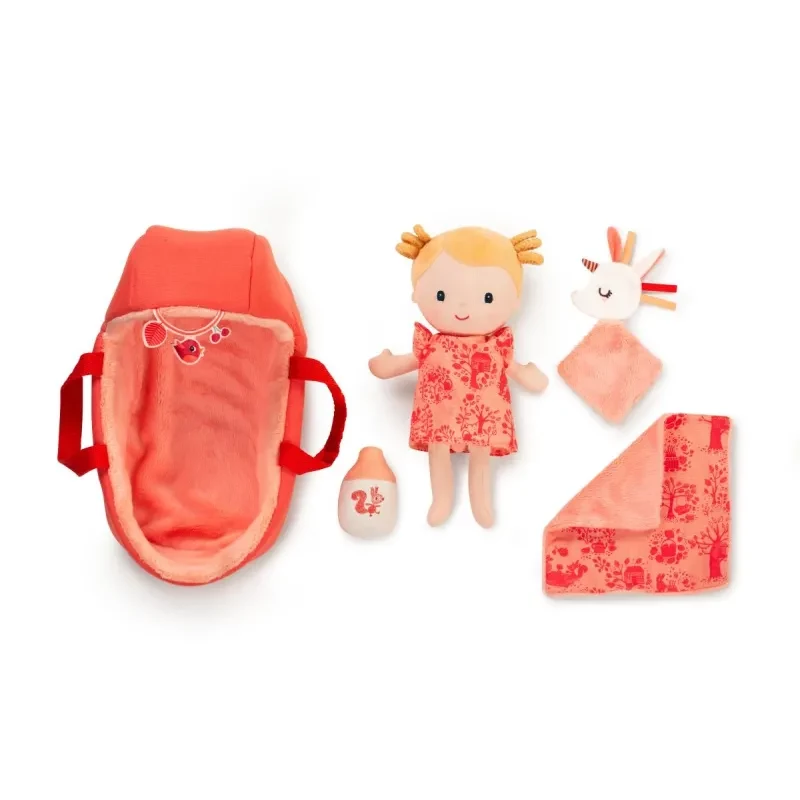 Lilliputiens Lena Baby Doll Set mit Tragekorb, Schnuffeltuch und Milchflasche