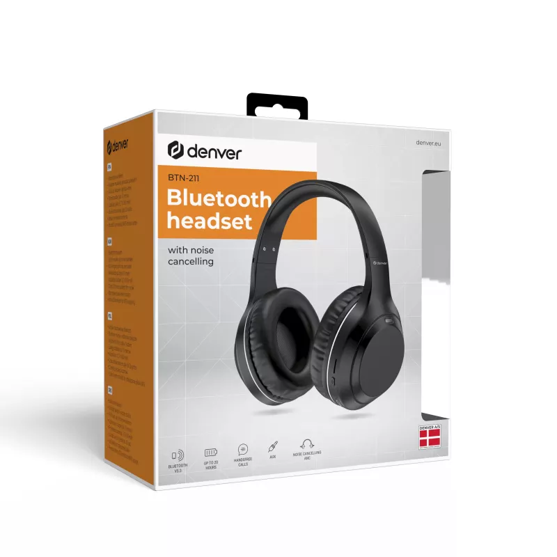 Denver BTN-211 Over-Ear Bluetooth-Kopfhörer mit Mikrofon und aktiver Geräuschunterdrückung, Schwarz