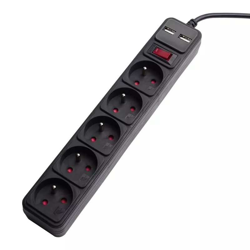 Akyga AK-SP-05U Steckdosenleiste mit Überspannungsschutz, 5x CEE 7/5 (Typ E), 2x USB-A, 1,8 m, schwarz