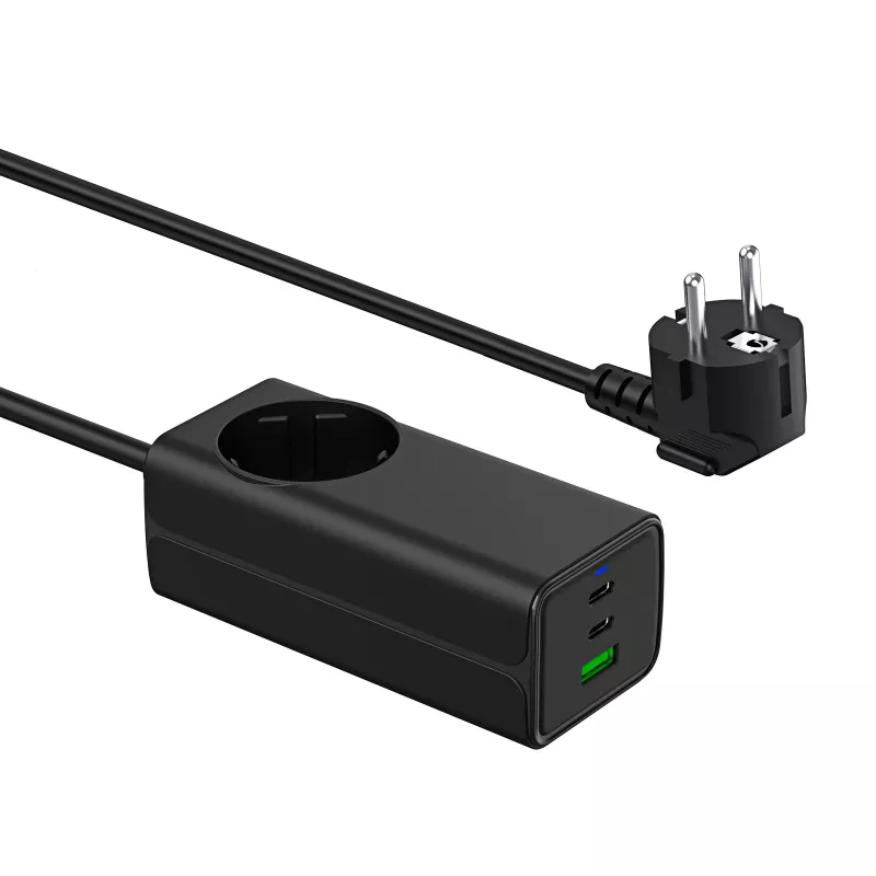 Akyga AK-CH-21 GaN-USB-Ladegerät 65 W, 2 x USB-C + USB-A, mit Steckdose, 1,5 m, Schwarz