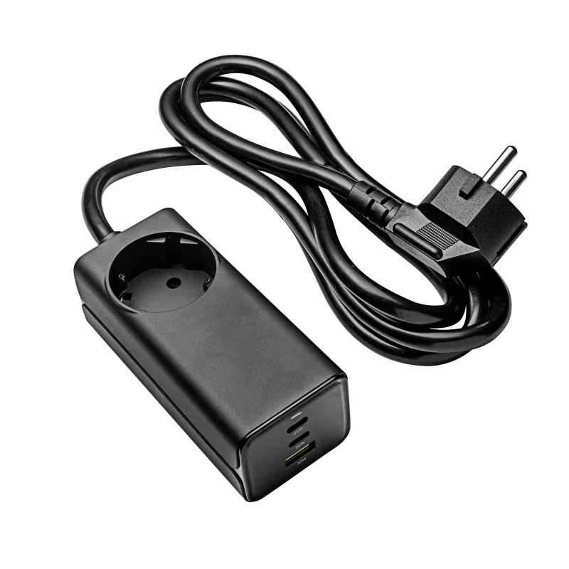 Akyga AK-CH-21 GaN-USB-Ladegerät 65 W, 2 x USB-C + USB-A, mit Steckdose, 1,5 m, Schwarz