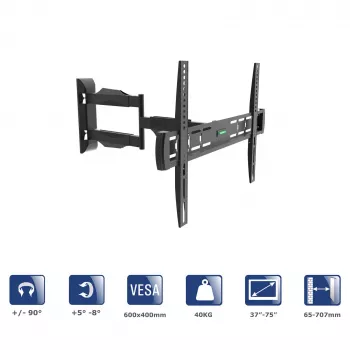 Akyga AK-MB-11 schwenkbare TV-Wandhalterung, 37-75 Zoll, 40 kg, VESA 600x400, Schwenken ±90°, schwarz