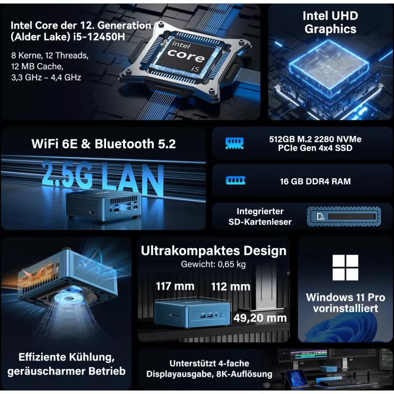 GEEKOM IT12 Mini-PC, Intel Core i5-12450H, 16 GB RAM, 512 GB SSD, Windows 11 Pro, blau