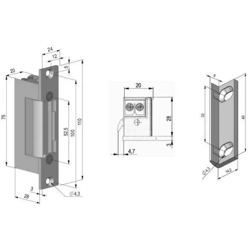 SCOT ES-S12AC/DC-B PROFI Symmetrischer Elektrotüröffner mit Schloss, 12V AC/DC, Fail-Secure, 3000N Haltekraft, Grau/Silber
