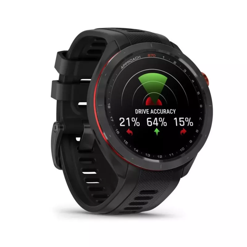 Garmin Approach S70 47mm Golf GPS Smartwatch – Schwarze/rote Keramiklünette mit schwarzem Silikonarmband