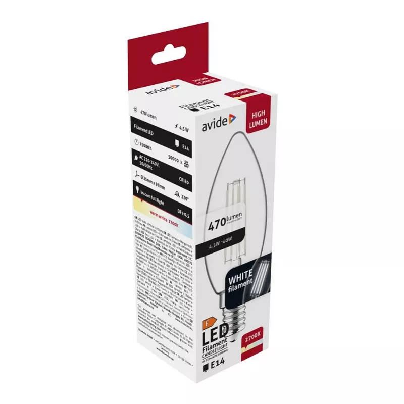 Avide LED Filament Candle Bulb 4,5W E14 Warm White 2700K