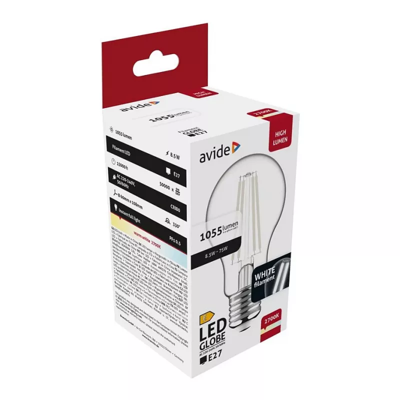 Avide LED Filament Globe Bulb 8,5W E27 Warm White 2700K