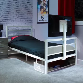 XROCKER Gaming Einzelbett 90x190cm mit TV-Halterung Metall Weiß