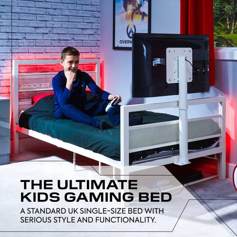 XROCKER Gaming Einzelbett 90x190cm mit TV-Halterung Metall Weiß