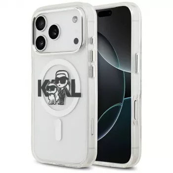 Karl Lagerfeld IML Glitter Karl & Choupette Sketch Logo MagSafe Case für iPhone 17 Pro, Transparent