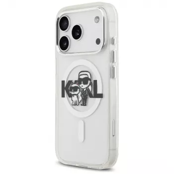 Karl Lagerfeld IML Glitter Karl & Choupette Sketch Logo MagSafe Case für iPhone 17 Pro, Transparent