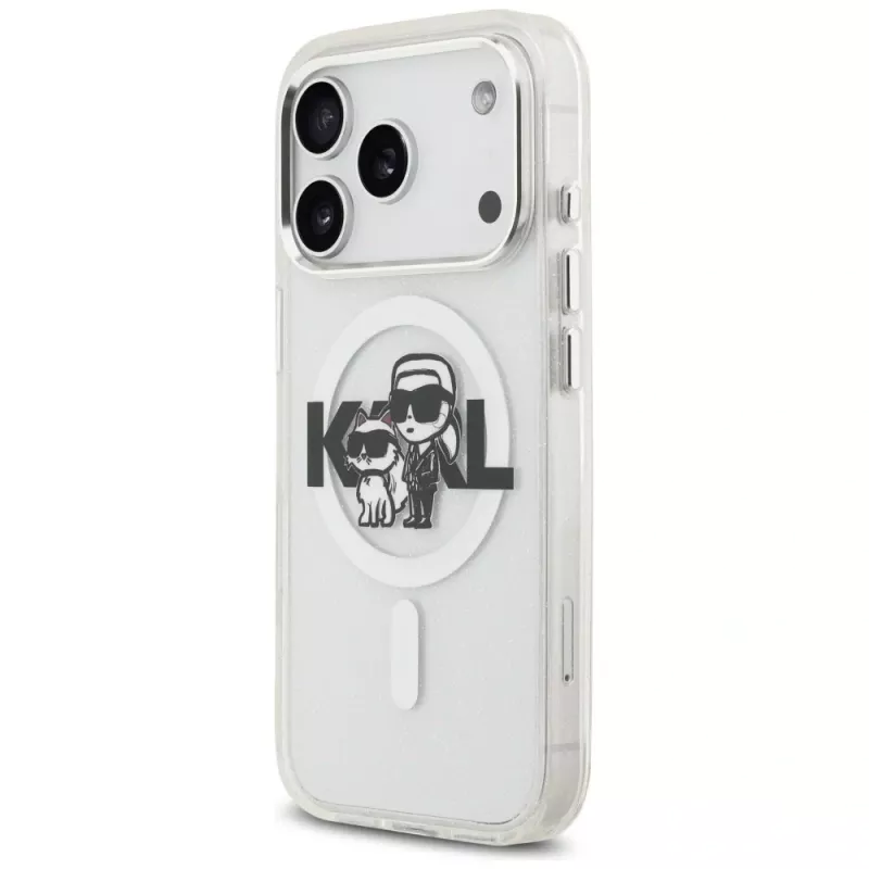 Karl Lagerfeld IML Glitter Karl & Choupette Sketch Logo MagSafe Case für iPhone 17 Pro, Transparent