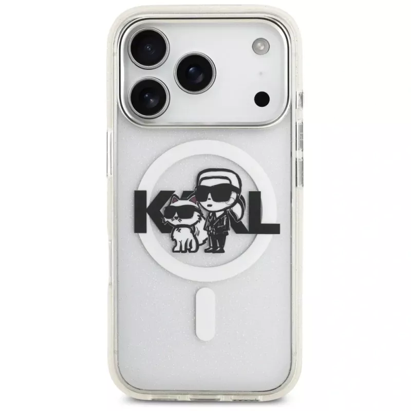 Karl Lagerfeld IML Glitter Karl & Choupette Sketch Logo MagSafe Case für iPhone 17 Pro, Transparent