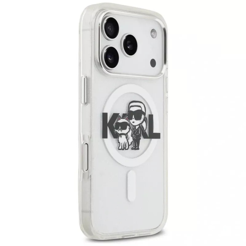 Karl Lagerfeld IML Glitter Karl & Choupette Sketch Logo MagSafe Case für iPhone 17 Pro, Transparent
