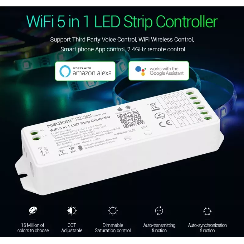 MIBOXER WL5 5in1 RGB+CCT LED Controller DC12-24V WiFi 2.4G Alexa