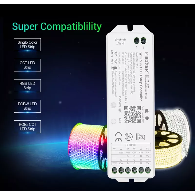 MIBOXER WL5 5in1 RGB+CCT LED Controller DC12-24V WiFi 2.4G Alexa