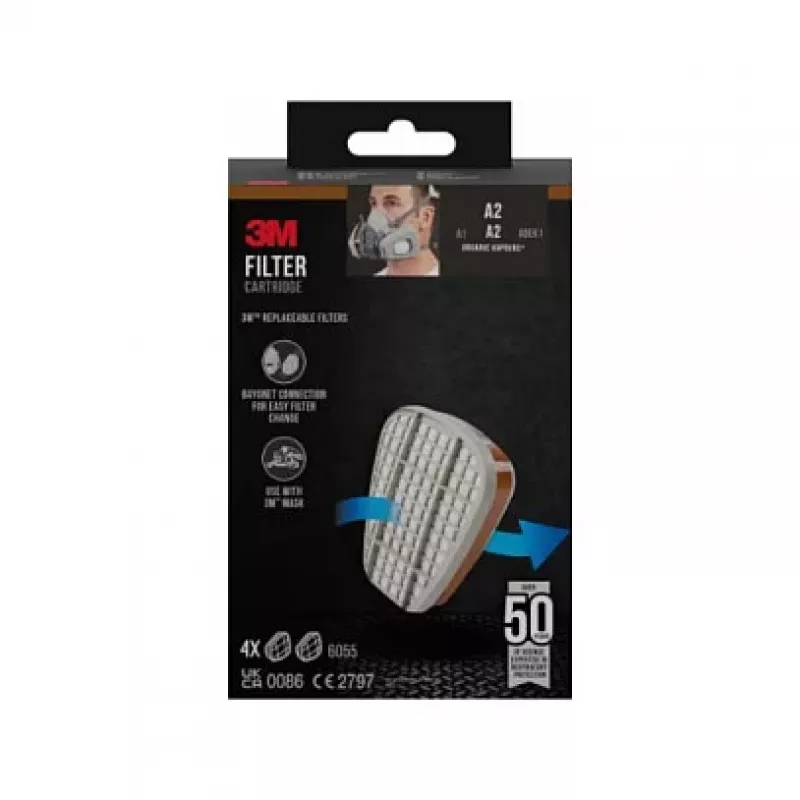 3M 6055 A2 Gasfilter für Atemschutzmasken, 4 Paare (8 Filter), EN 14387:2004 + A1:2008