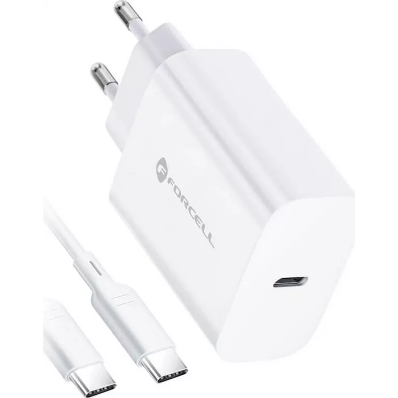FORCELL F-ENERGY TFK-TC-25WPD USB-C-Wandladegerät 25W PD QC 3.0 mit USB-C-auf-USB-C-Kabel 3A Weiß