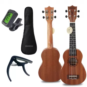 MOZOS GECKO Sopran-Ukulele-Set – Naturholz, 12 Bünde, Nylonsaiten, inkl. Gigbag, Stimmgerät, Plektren, Gurt, Ersatzsaiten, Reinigungstuch