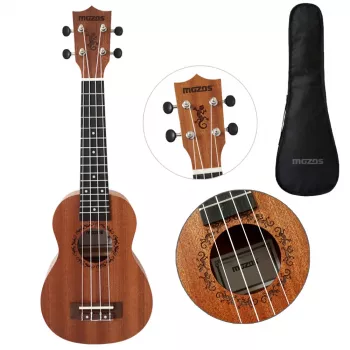 MOZOS GECKO Sopran-Ukulele-Set – Naturholz, 12 Bünde, Nylonsaiten, inkl. Gigbag, Stimmgerät, Plektren, Gurt, Ersatzsaiten, Reinigungstuch