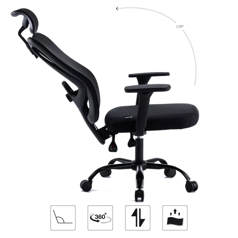 MOZOS ERGO-X Ergonomischer Bürostuhl mit verstellbarer Lendenwirbelstütze und Kopfstütze, Schwarz
