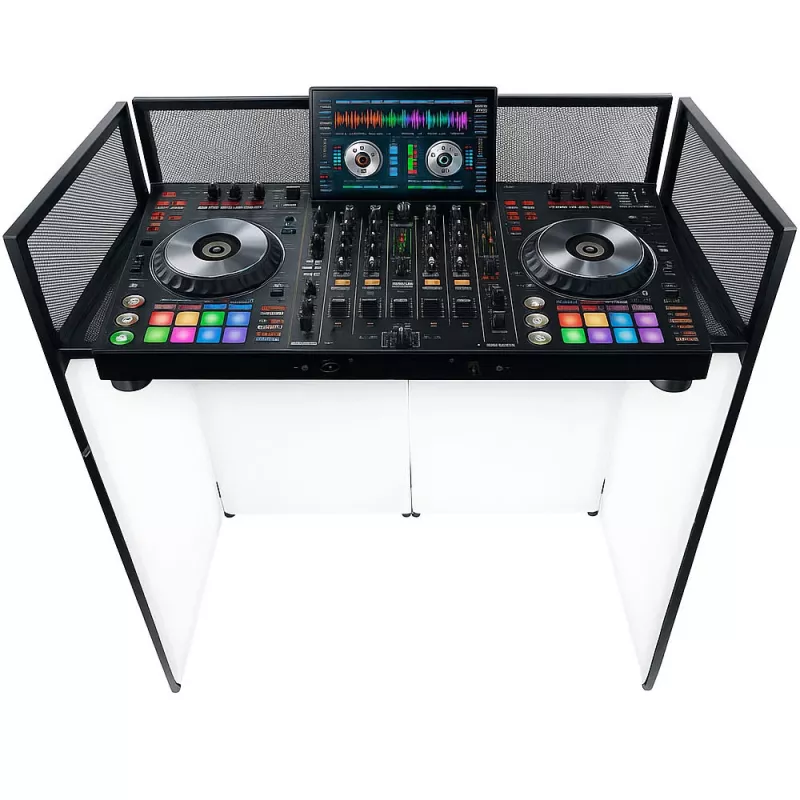 MOZOS EPDJ-100 DJ-Bühnenverkleidung mit Tisch - Große Leinwand, weißes Panel, schwarzer Rahmen