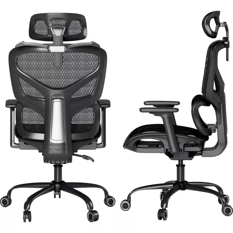 MOZOS ERGO-V Ergonomischer Bürostuhl mit verstellbarer Lendenwirbelstütze und Kopfstütze, Schwarz