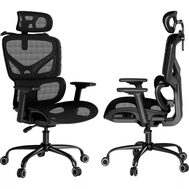MOZOS ERGO-V Ergonomischer Bürostuhl mit verstellbarer Lendenwirbelstütze und Kopfstütze, Schwarz