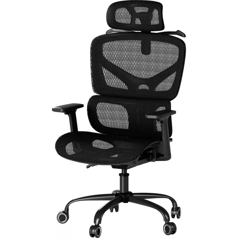 MOZOS ERGO-V Ergonomischer Bürostuhl mit verstellbarer Lendenwirbelstütze und Kopfstütze, Schwarz