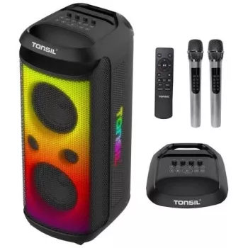 TONSIL Party Dance 1600 Tragbarer Bluetooth-Party-Lautsprecher mit LED-Lichtern, Karaoke, 1600W PMPO, 80W RMS, 10 inch Woofer, TWS, FM-Radio, Mikrofon & Fernbedienung