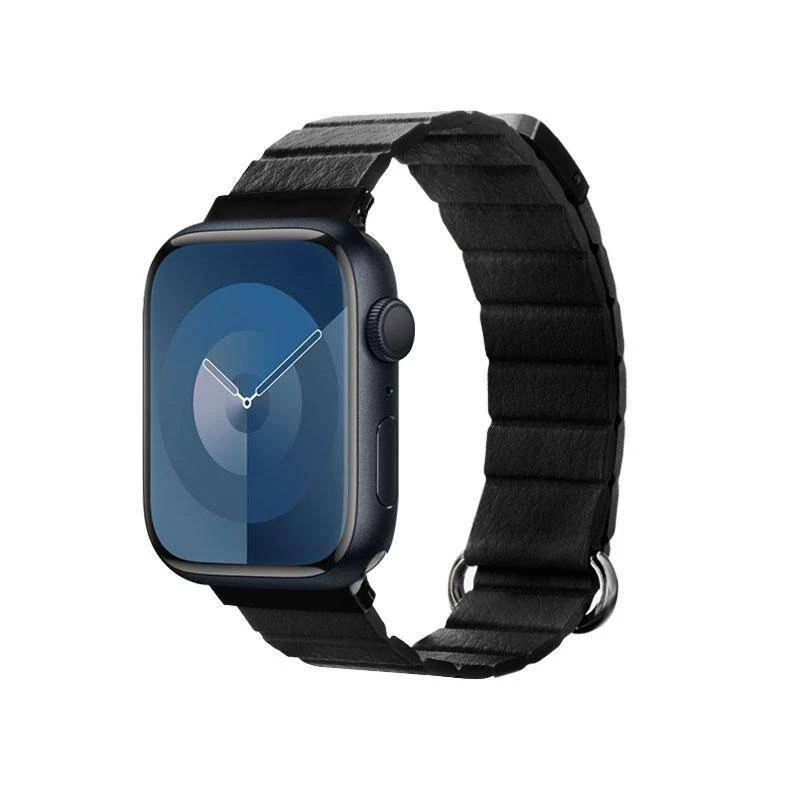 Crong Eclipse Echtleder Magnetische Schlaufe Armband für Apple Watch 44/45/46/49 mm (Schwarz)