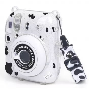 LOVEINSTANT Case für Fujifilm Instax Mini 12 - Kuhfell-Glitzer mit Stickern und Fototasche